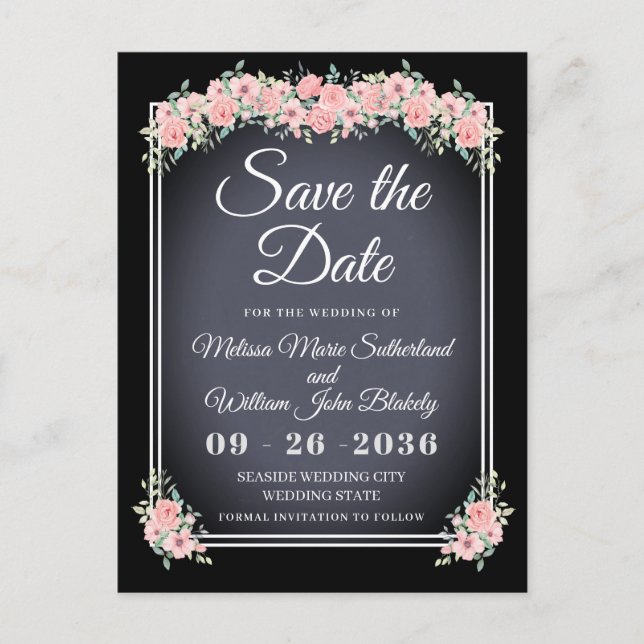 Invitation Carte Postale Noir Floral Chalkboard Mariage Enregistrer la date (Devant)