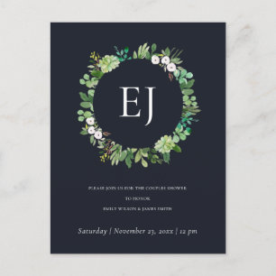 INVITATION CARTE POSTALE NOIR KRAFT FOLIAGE WREATH MONOGRAM BRUNCH BUBBLY