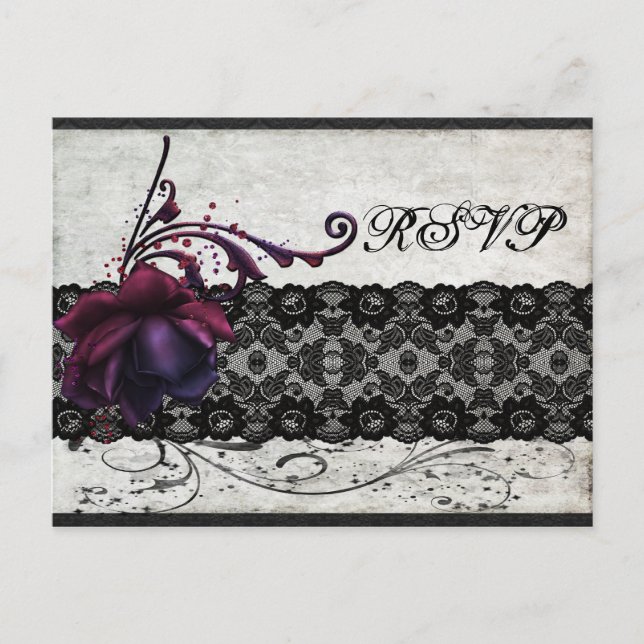 Invitation Carte Postale Noir mariage dentelle RSVP (Devant)