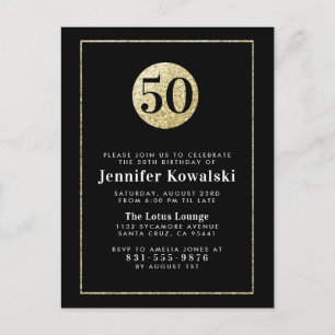 Invitation Carte Postale Noir moderne de typographie et cinquantième fête