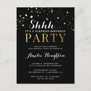 Invitation Carte Postale Noir & Or Confetti Shhh... Parti surprise