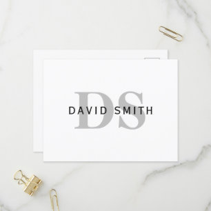 Invitation Carte Postale Nom et monogramme modernes   Blanc Noir & Gris