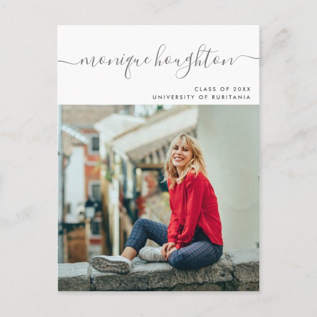 Invitation Carte Postale Nom manuscrit minimaliste Partie de graduation pho (Devant)