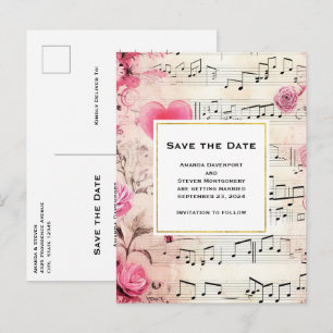 Invitation Carte Postale Notes musicales et Roses Vintage Enregistrer la da