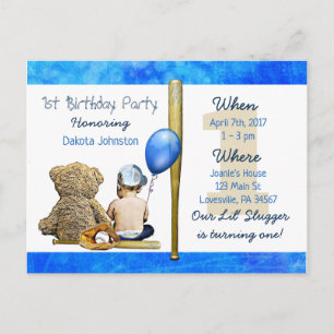 Invitation Carte Postale Notre Lil Slugger Boy et Teddy Bear 1er anniversai