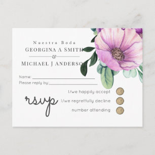 Invitation Carte Postale Notre Mariage RSVP Mariage Espagnol Fleurs Violett