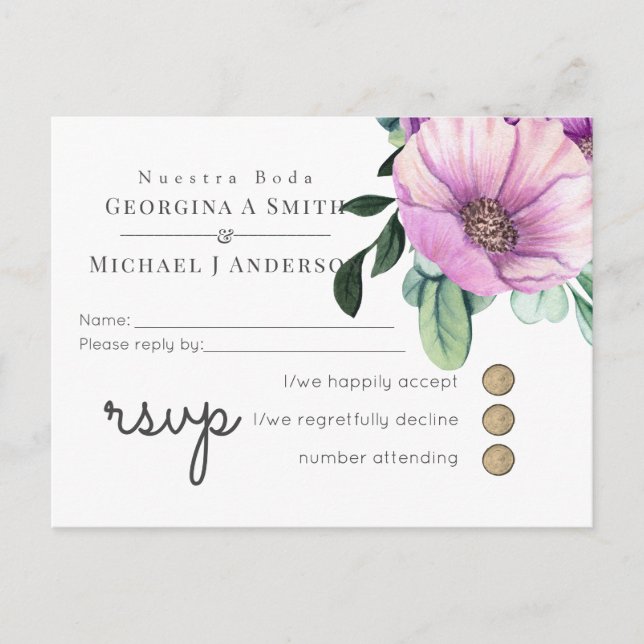 Invitation Carte Postale Nuestra Boda RSVP Mariage espagnol Fleurs violette (Devant)
