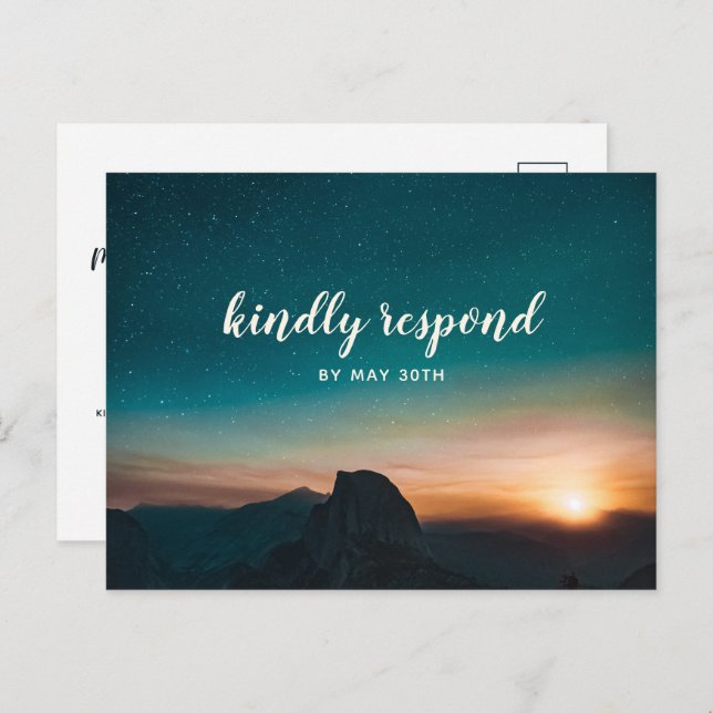 Invitation Carte Postale Nuit Sky Mountain Galaxy Star Mariage moderne RSVP (Devant / Derrière)