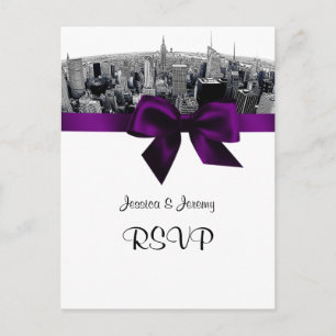 Invitation Carte Postale NYC Gravé Fisheye Skyline BW Violet RSVP 1