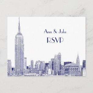 Invitation Carte Postale NYC Skyline 01 Etched White RSVP 1Blue