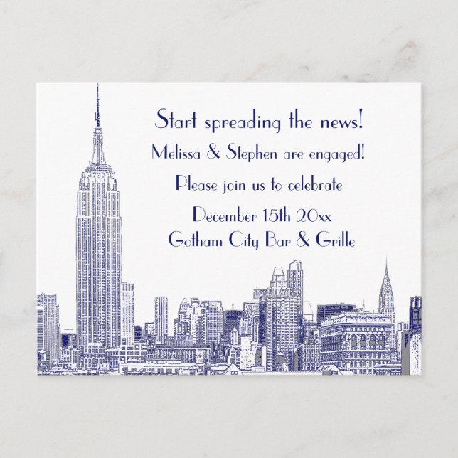 Invitation Carte Postale NYC Skyline Etched 01 Engagement Party Blue (Devant)