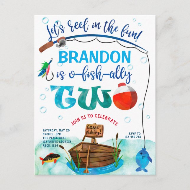 Invitation Carte Postale O-fish-Ally, Petit Pêcheur, Pêche 2e Birthda (Devant)