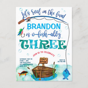 Invitation Carte Postale O-fish-Ally, Petit pêcheur, Pêche 3e anniversaire