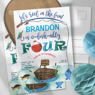 Invitation Carte Postale O-fish-Ally, Petit pêcheur, Pêche 4e anniversaire