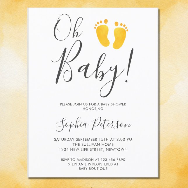 Invitation Carte Postale Oh Baby Genre Neutre Jaune Pieds Baby shower (Créateur téléchargé)