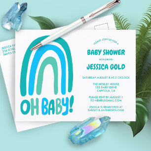 Invitation Carte Postale OH BABY SHOWER doux bleu arc-en-ciel PERSONNALISÉ