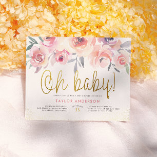 Invitation Carte Postale Oh Bébé Aquarelle Rose Verdure Baby shower Or