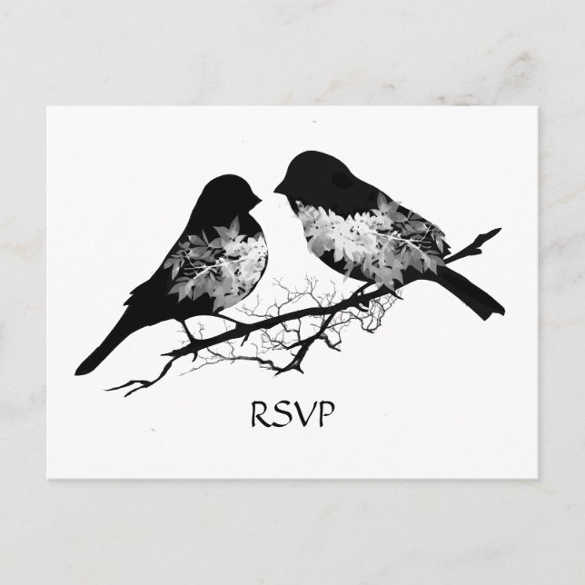 Invitation Carte Postale Oiseaux mariages noir blanc RSVP (Devant)