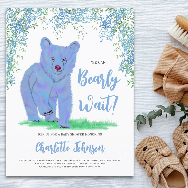 Invitation Carte Postale On Peut Attendre L'Ours Bleu Des Bois (We cam bearly wait cute blue bear watercolor baby shower budget invitation postcard)
