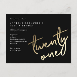 Invitation Carte Postale Or minimaliste moderne Type 21e anniversaire
