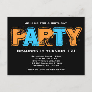 Invitation Carte Postale Orange and Blue Grunge Boy Birthday Party