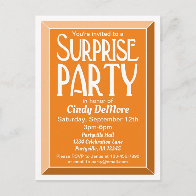 Invitation Carte Postale Orange Art Déco Beveled Anniversaire Surprise Part (Devant)