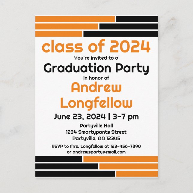 Invitation Carte Postale Orange & Black Bars Graduation Party (Devant)