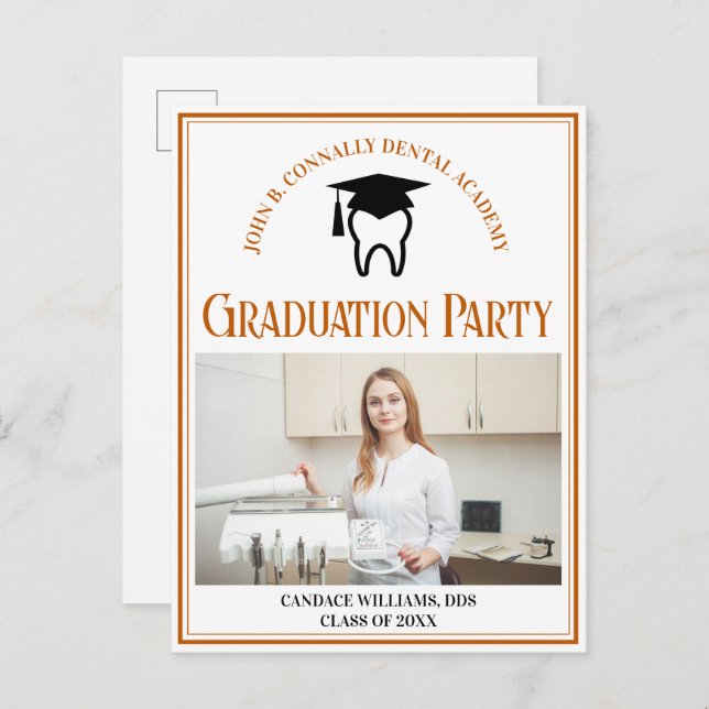 Invitation Carte Postale Orange Dental School Photo Custom Graduation Party (Devant / Derrière)