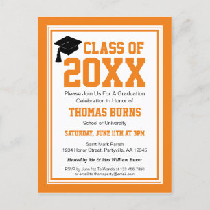 Invitation Carte Postale Orange et White Graduation Party
