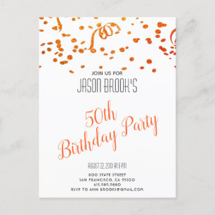 Invitation Carte Postale Orange Gold Parties scintillant Confetti Blanc 50e