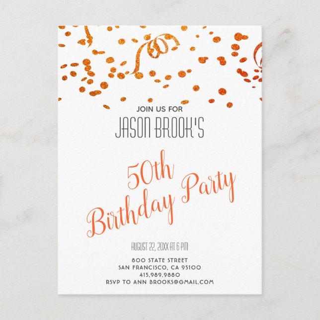 Invitation Carte Postale Orange Gold Parties scintillant Confetti Blanc 50e (Devant)