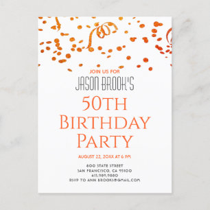 Invitation Carte Postale Orange Gold Parties scintillant Confetti Blanc 50e