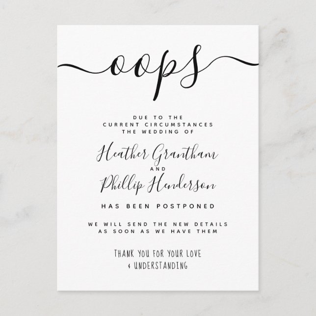 Invitation Carte Postale Oups Annonce de report de mariage en grande pompe (Devant)