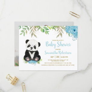 Invitation Carte Postale Ours Aquarelle Bleu Vert Baby shower Photo