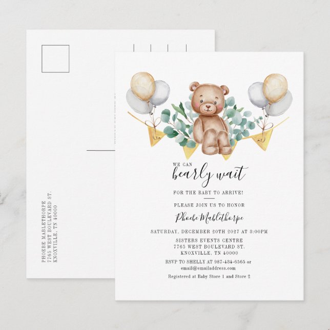 Invitation Carte Postale Ours Baby shower Eucalyptus Bois Animaux (Devant / Derrière)