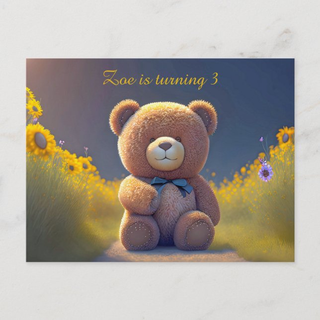 Invitation Carte Postale Ours en peluche dans une prairie, enfants mignons  (Devant)