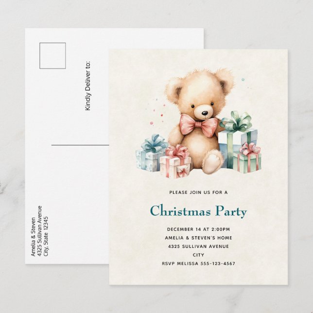 Invitation Carte Postale Ours en peluche mignonne avec cadeaux de Noël (Devant / Derrière)