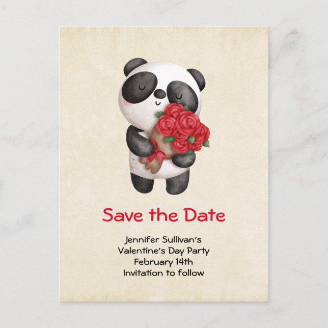 Invitation Carte Postale Ours Panda avec Bouquet de Roses Save the Date (Devant)