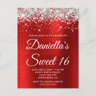Invitation Carte Postale Paillettes Argent Rouge Clair Feuille Douce 16