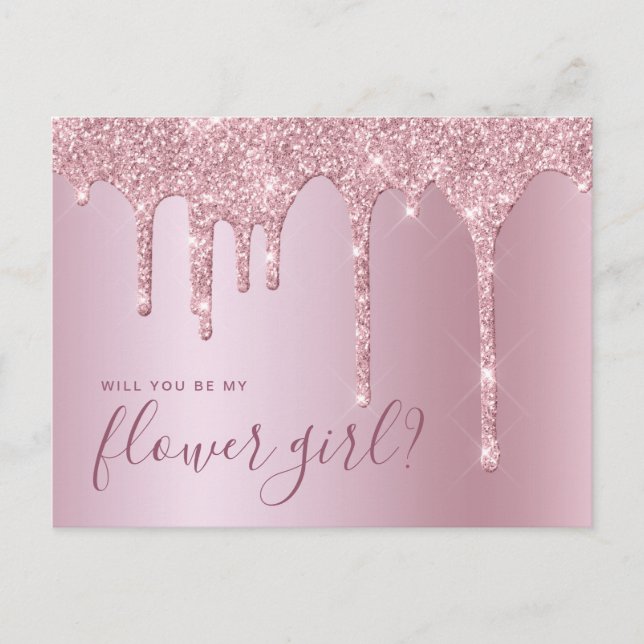 Invitation Carte Postale Paillettes de rose gold en gouttes seras-tu ma dem (Devant)