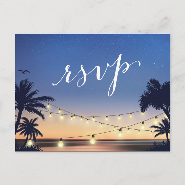 Invitation Carte Postale Palm Beach String Lights Summer Sunset RSVP Répons (Devant)