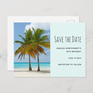 Invitation Carte Postale Palmiers sur une plage tropicale Sauvez la date