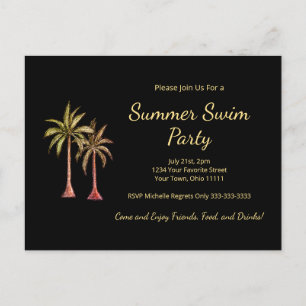 Invitation Carte Postale Palmiers tropicaux Summer Pool Party Gold Black