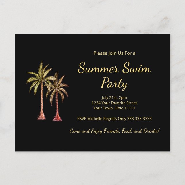 Invitation Carte Postale Palmiers tropicaux Summer Pool Party Gold Black (Devant)