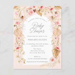 Invitation Carte Postale pampa boho avec baby shower d'arc rose fleuri