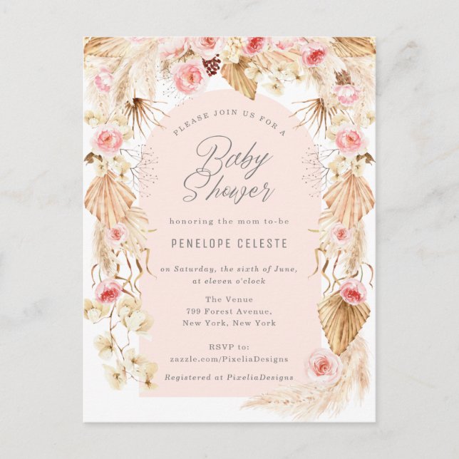Invitation Carte Postale pampa boho avec baby shower d'arc rose fleuri invi (Devant)