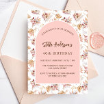 Invitation Carte Postale Pampas d'anniversaire fleurs d'herbe rose or rose<br><div class="desc">Un cadre en arc sur un motif de pampas herbe et fleurs roses et une croix dorée. Personnalisez et ajoutez un nom et des détails.</div>