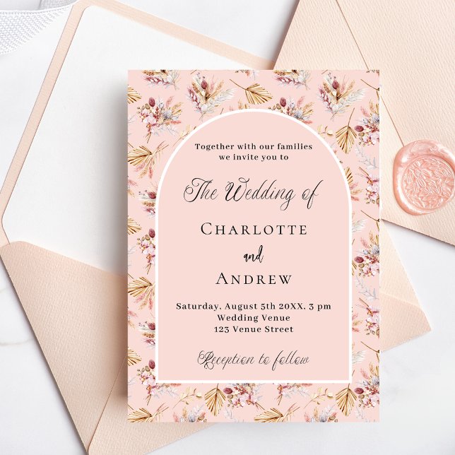 Invitation Carte Postale Pampas fleurs d'herbe rose or boho mariage  (Créateur téléchargé)