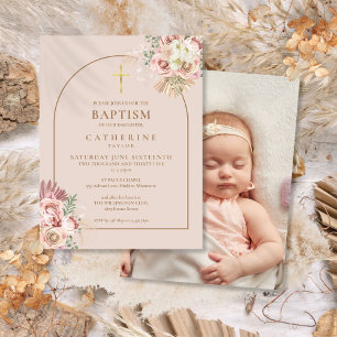 Invitation Carte Postale Pampas Grass Gold Arche Photo Baptême Christening