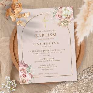 Invitation Carte Postale Pampas Grass Rose Or Arche Baptême Christening